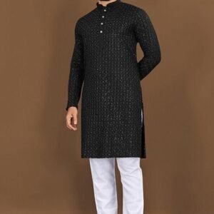 Black Embroidered Rayon Kurta Set For Men