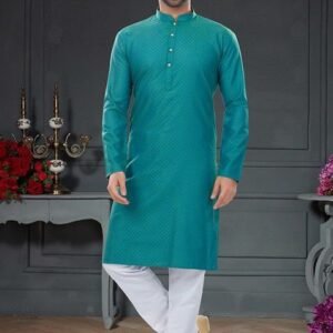 Teal Green Embroidered Jacquard Cotton Kurta Set For Men