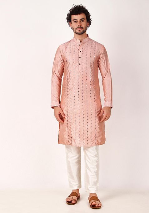 Pink Mirror Work Art Silk Kurta Set For Men