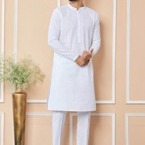White Chikankari Work Cotton Kurta Set For Men