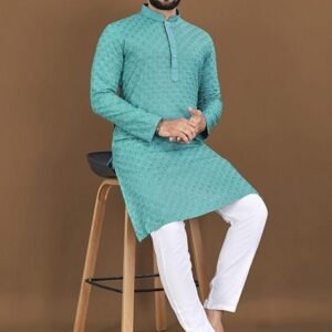 Turquoise Blue Embroidered Rayon Kurta Set For Men