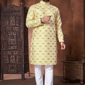 Yellow Embroidered Silk Kurta Set For Men