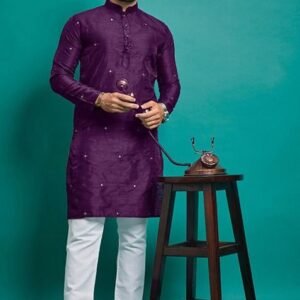 Purple Embroidered Silk Kurta Set For Men