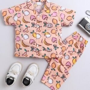 Peach Printed Cotton Shirt Pant Set For Boys