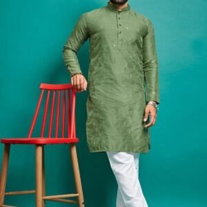 Light Green Embroidered Silk Kurta Set For Men