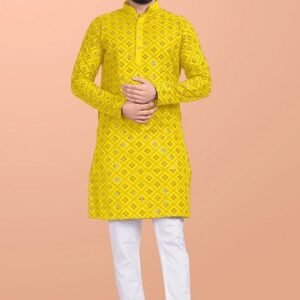 Yellow Embroidered Cotton Blend Kurta Set For Men