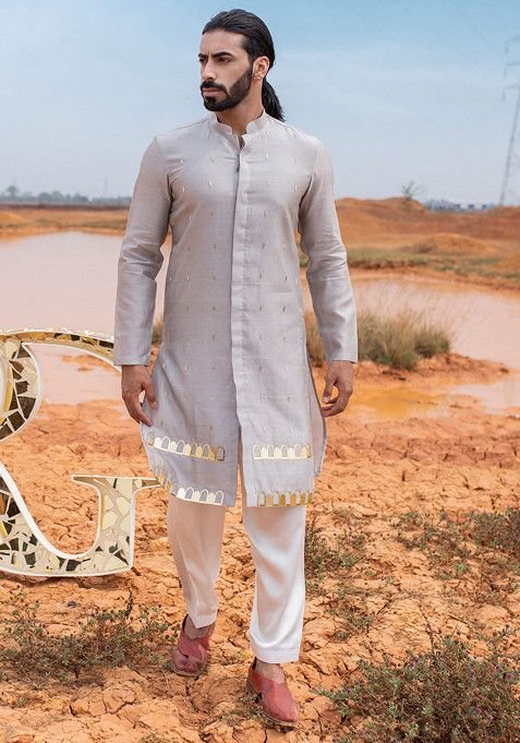 Grey Hand Embroidered Silk Kurta Set For Men