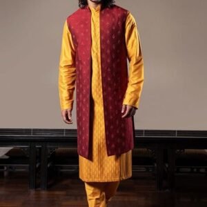 Yellow Pleated French Knot Kurta Set For Men