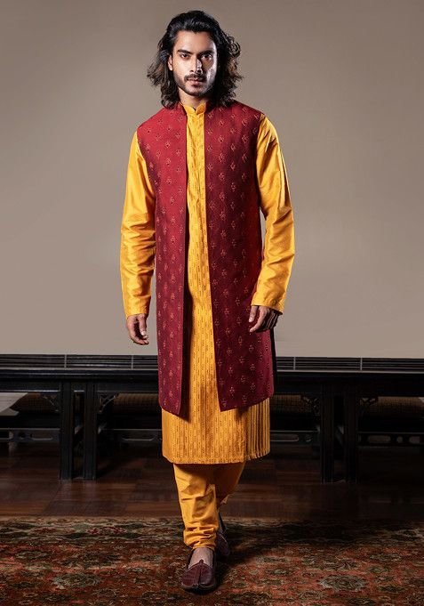 Yellow Pleated French Knot Kurta Set For Men