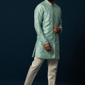 Sea Green Thread Embroidered Bam Silk Kurta Set For Men