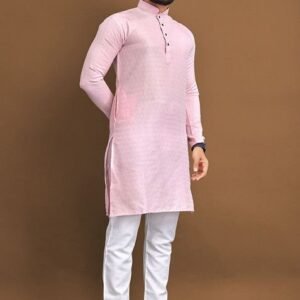 Pink Embroidered Soft Jacquard Kurta Set For Men