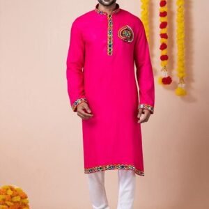 Pink Embroidered Heavy Rayon Kurta Set For Men