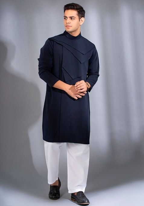 Navy Blue Bandhgala Kurta Set For Men