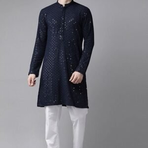 Navy Blue Sequin Embroidered Rayon Kurta Set For Men