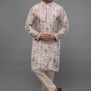 Light Cream Ikat Print Kurta Set For Men