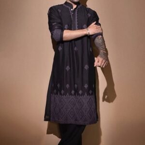 Black Dori Embroidered Chanderi Kurta Set For Men