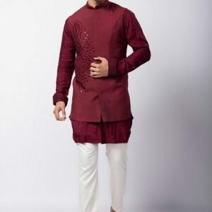 Maroon Embroidered Silk Nehru Jacket For Men