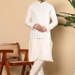White Embroidered Viscose Georgette Nehru Jacket And Kurta Set