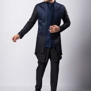 Navy Blue Embroidered Linen Satin Nehru Jacket Set For Men