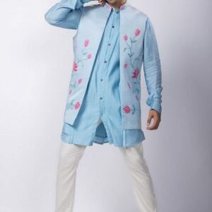 Light Blue Hand Embroidered Linen Satin Nehru Jacket For Men