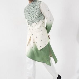 Multicolour Hand Embroidered Silk Nehru Jacket Set For Men