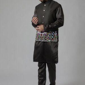Black Thread Embroidered Cotton Satin Bundi Jacket And Kurta Set For Men