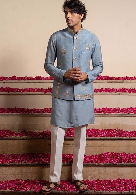 Blue Zardozi Work Bundi Jacket For Men
