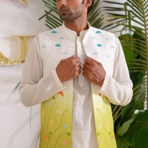 Multicolour Hand Embroidered Flora Aura Bundi Jacket Set For Men