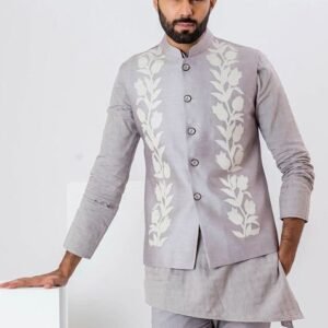 Grey Applique Embroidered Florian Bundi Jacket For Men
