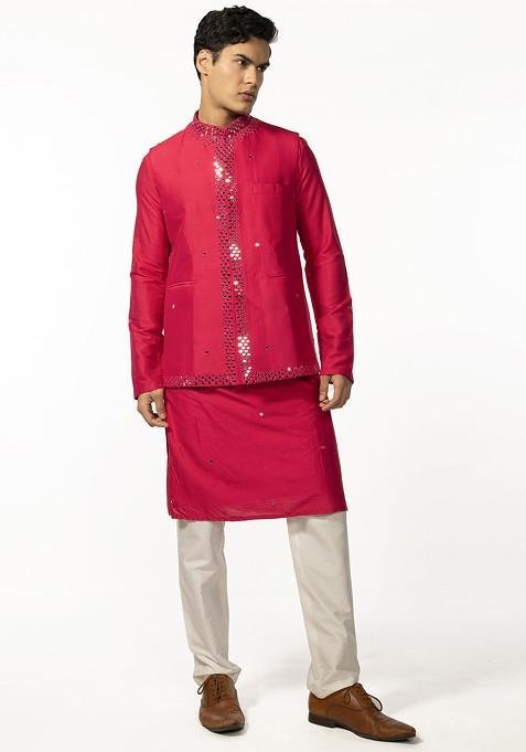 Hot Pink Mirror Work Embroidered Bundi Jacket And Kurta Set For Men