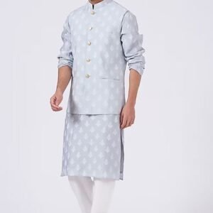 Grey Printed Nehru Jacket And Kurta Set For Men