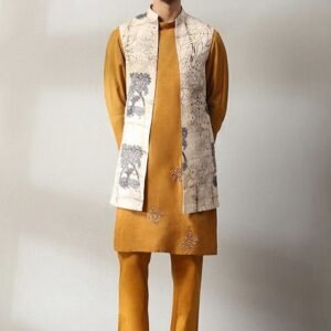 Mustard Embroidered Handloom Jacket And Kurta Set For Men