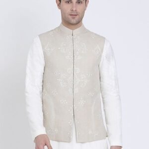 Grey Embroidered Linen Jacket For Men
