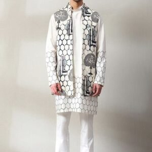 Off White Embroidered Handloom Jacket And Kurta Set For Men