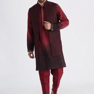 Maroon Hand Embroidered Silk Nehru Jacket For Men