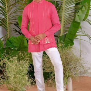 Hot Pink Hand Embroidered Arch Bundi Jacket Set For Men