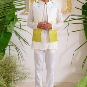 Multicolour Hand Embroidered Flora Aura Bundi Jacket For Men