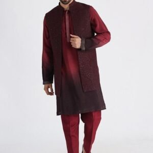 Maroon Hand Embroidered Silk Nehru Jacket Set For Men