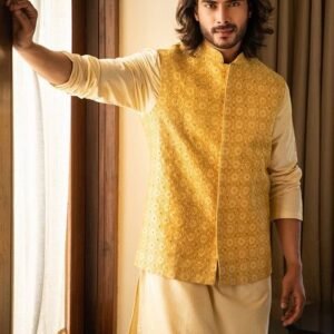 Yellow Zari Embroidered Nehru Jacket For Men