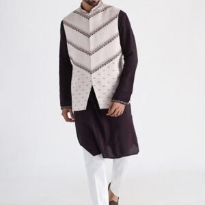 Off White And Brown Hand Embroidered Linen Satin Nehru Jacket Set For Men