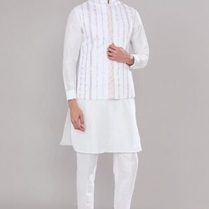 Off White Embroidered Raw Silk Jacket And Kurta Set For Men