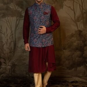 Navy Blue Floral Print Jacket And Maroon Kurta Set For Men