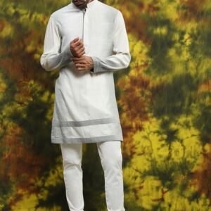 Pastel Grey Embroidered Kurta And Jacket Set For Men