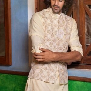 Beige Embroidered Bundi Jacket And Kurta For Men