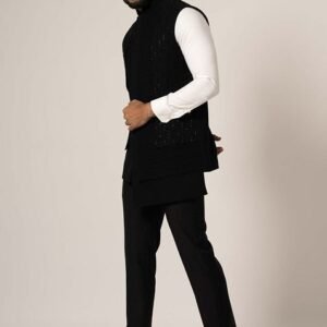 Black Embroidered Nehru Jacket Set For Men