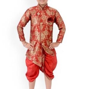 Red Jacquard Jacquard Kurta Set For Boys