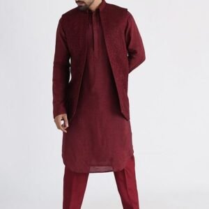 Maroon Hand Embroidered Linen Satin Nehru Jacket For Men
