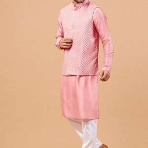 Pink Pinoret Embroidered Nehru Jacket Set For Men