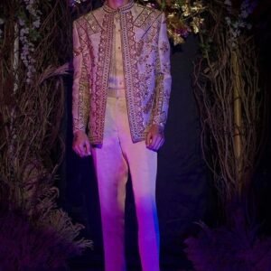 Rust Rang Mahal Embroidered Raw Silk Jacket And Kurta Set For Men