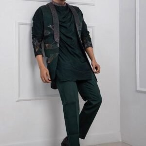 Green Hand Embroidered Linen Satin Nehru Jacket For Men